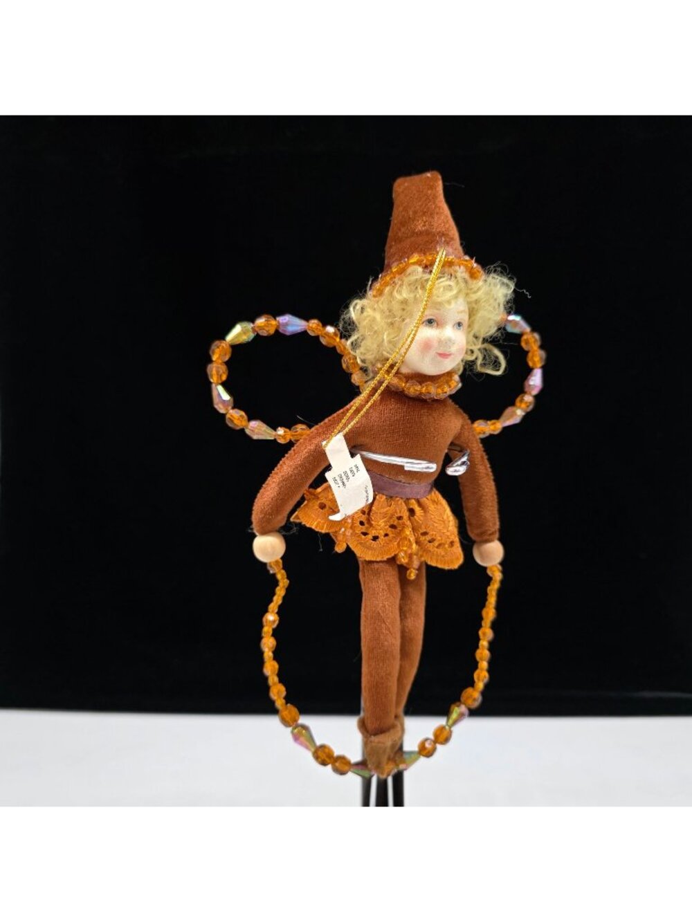 Department 56 Fairy Ornament Doll Brown Velvet Beaded Wings & Lace Skirt 10"
